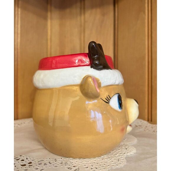 Large Reindeer Retro Christmas Mug Boston Warehouse Antlers & Santa Hat 16oz - Picture 4 of 7